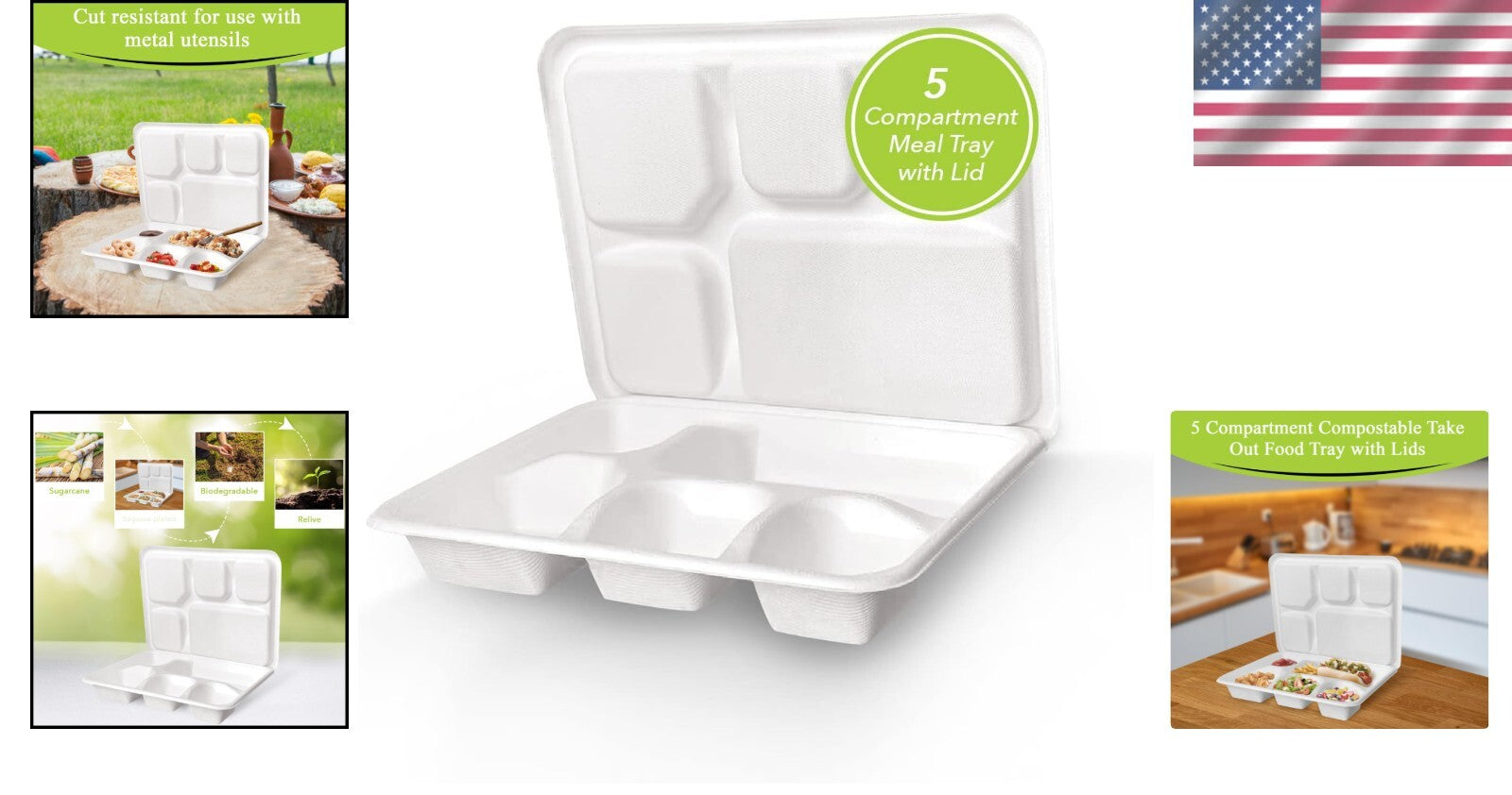 Heavy-Duty 5-Compartment Eco-Friendly Meal Tray Set - 200 Biodegradable Plates