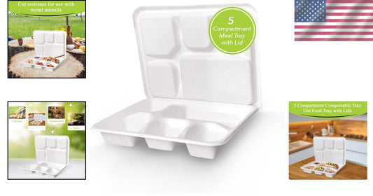 Heavy-Duty 5-Compartment Eco-Friendly Meal Tray Set - 200 Biodegradable Plates