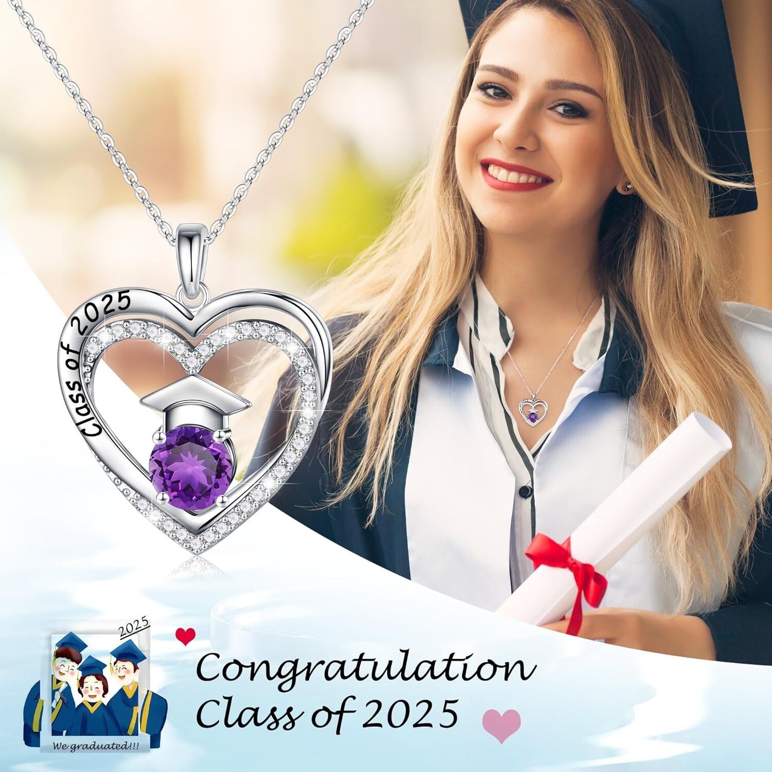 Engraved Class of 2025 Birthstone Necklace - Sterling Silver Graduation Jewelry