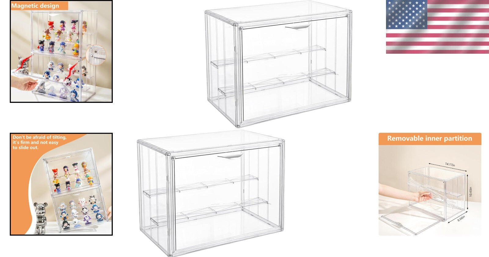 2-Pack Clear Acrylic 3-Tier Display Case with Magnetic Doors for Collectibles