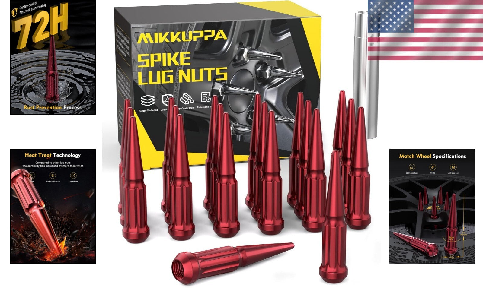 Durable 20pc Spike Lug Nut Set 1/2-20 - Red Chrome for Jeep Wrangler & Explorer