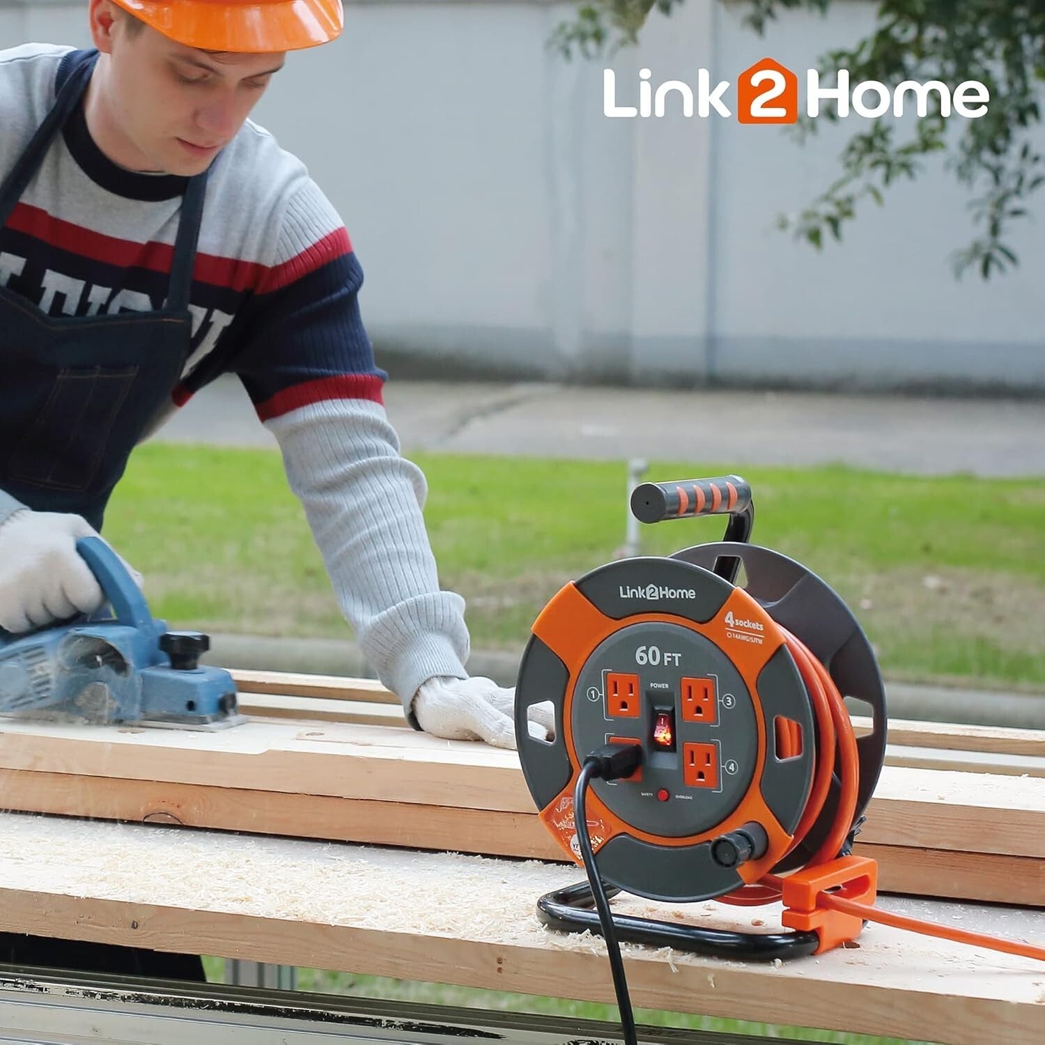 60 Ft High Visibility Extension Cord Reel - 4 Outlets & Tangle-Free Management