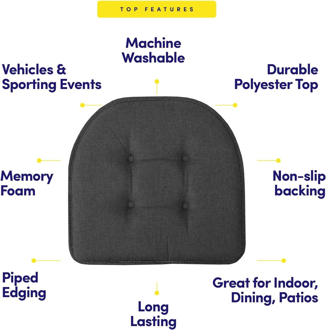 Non-Skid 6 Pack Charcoal Gray Memory Foam Chair Pads - Stylish Tufted Design