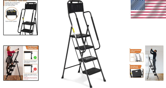 330 lbs Folding Step Stool with Handrails & Tool Bag for Safety and Convenience