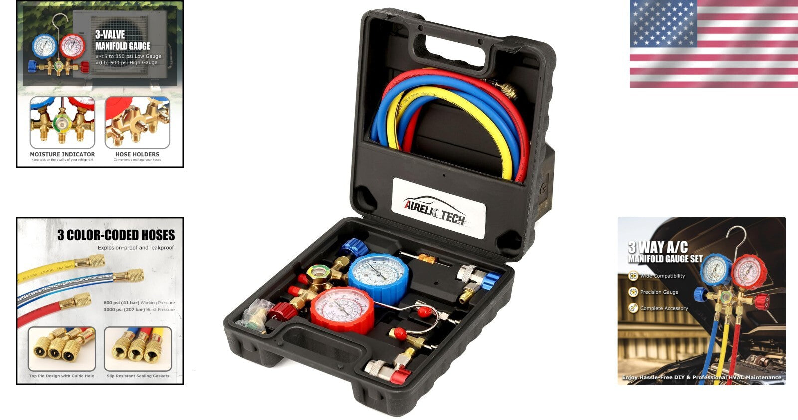 Professional 3-Way A/C Manifold Gauge Set for R134A R12 R22 R502 Refrigerants