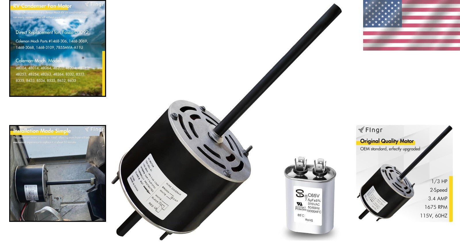 Coleman Mach RV A/C Fan Motor Replacement, 1/3 HP, With Capacitor Included