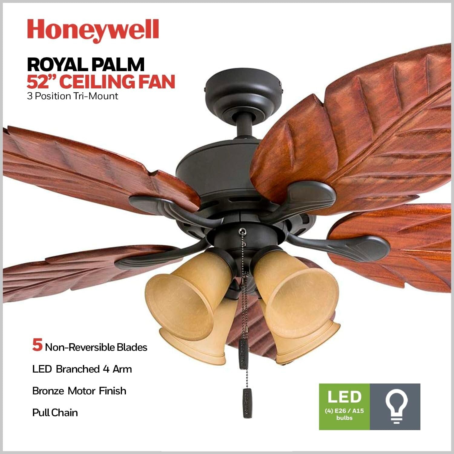 Elegant 52" LED Ceiling Fan with Wooden Blades & Remote Control - Bronze Finish