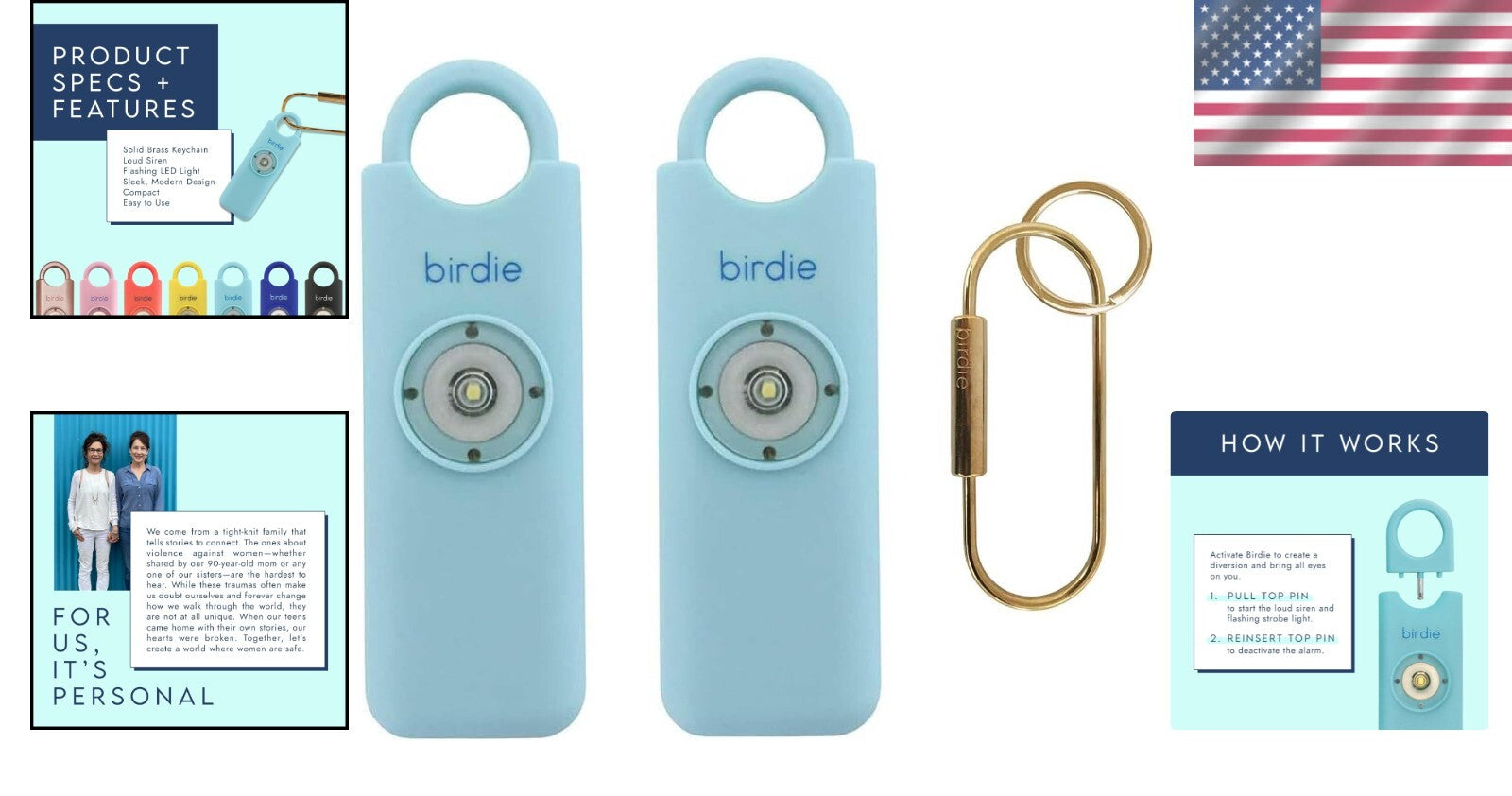 LOUD Aqua Personal Safety Alarm for Women - 2 Pack with Keychain & Strobe Light