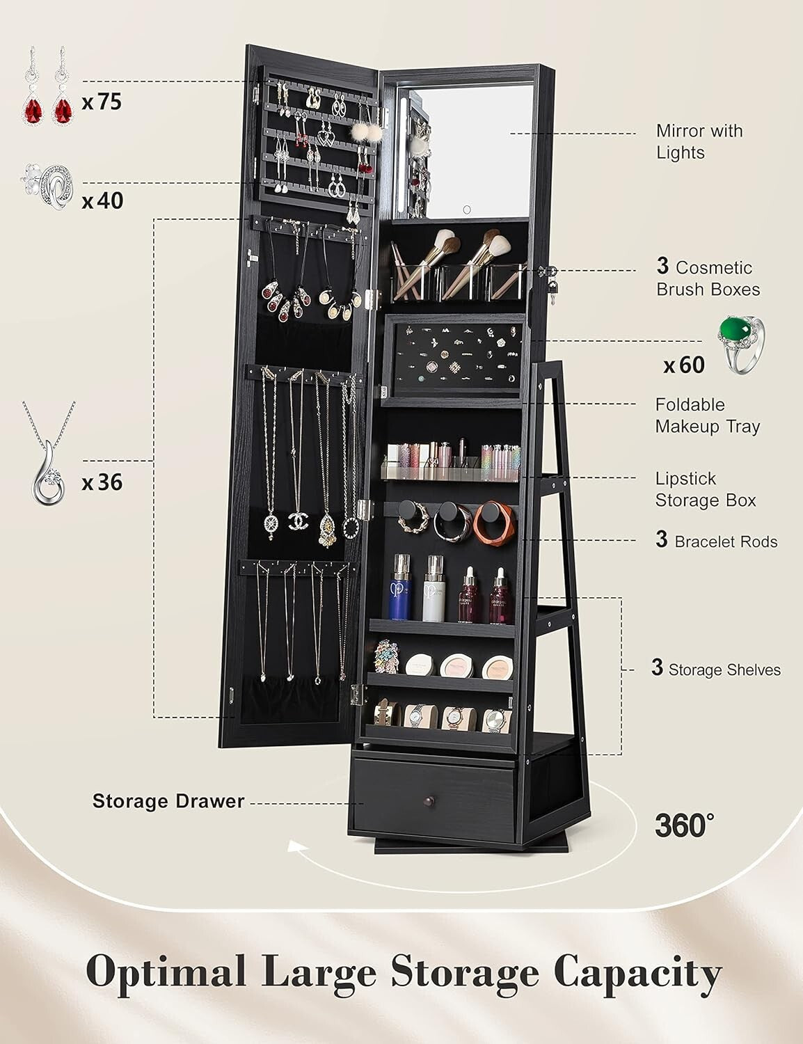 360° Swivel Lighted Jewelry Cabinet with Touch Screen Vanity Mirror - Black