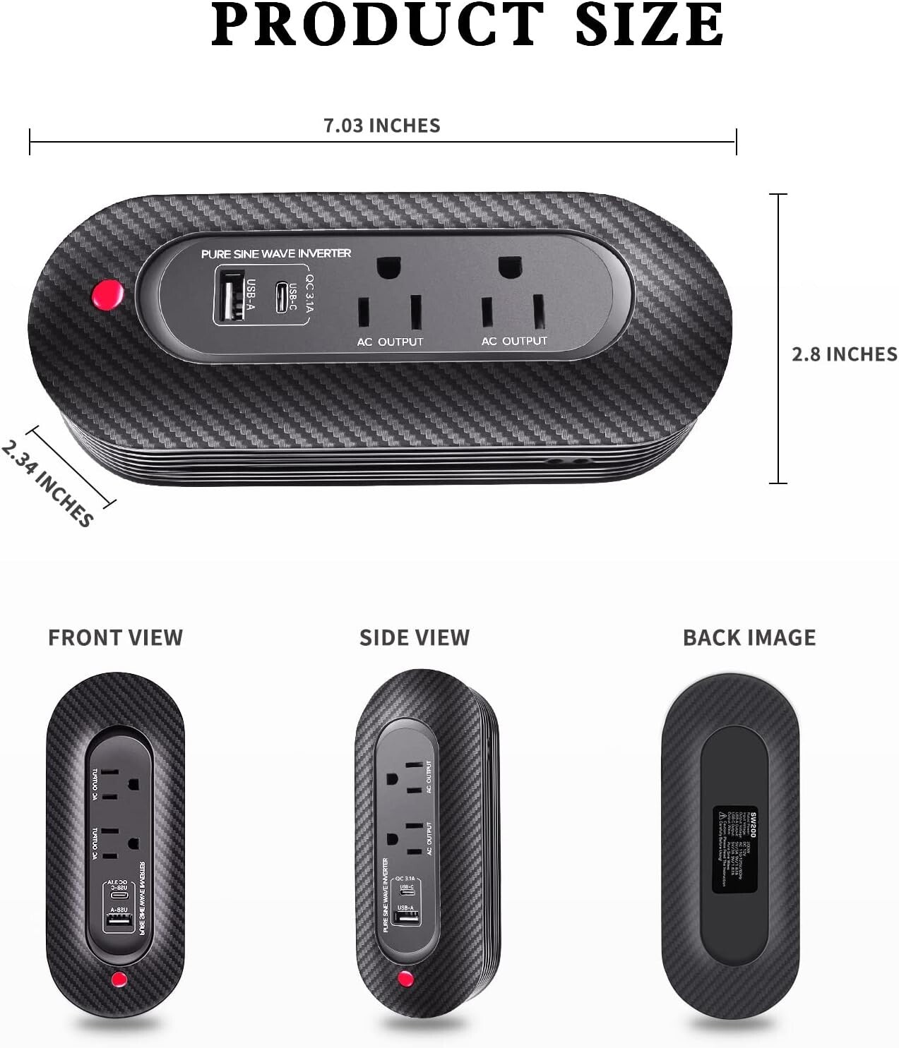 200W Pure Sine Wave Car Power Inverter - Compact Adapter with Dual AC Outlets