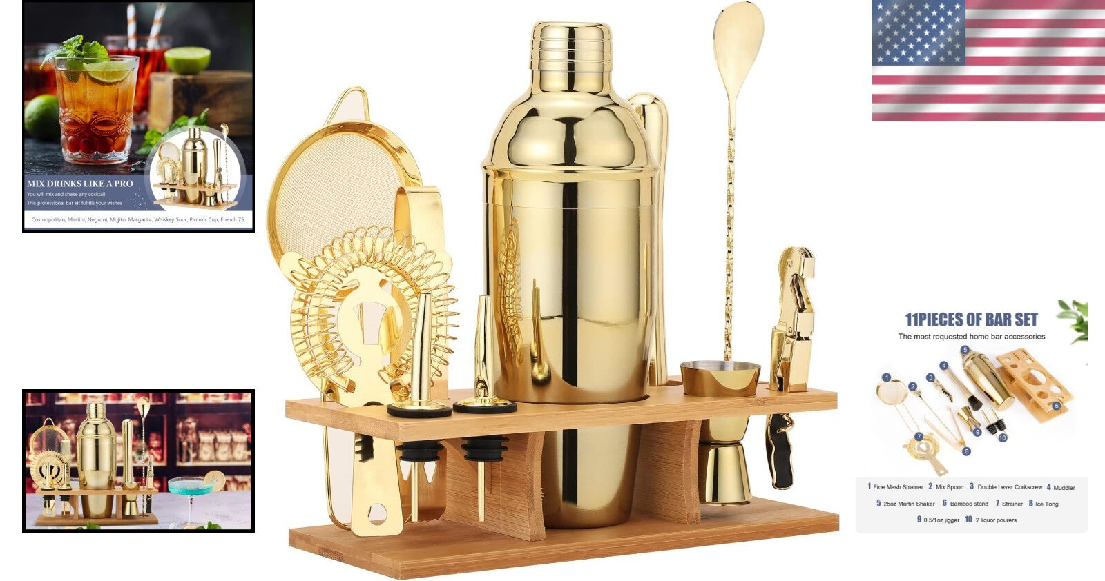 Luxury 11-Piece Mixology Set in Matte Gold - Includes Shaker, Muddler & More