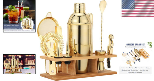 Luxury 11-Piece Mixology Set in Matte Gold - Includes Shaker, Muddler & More