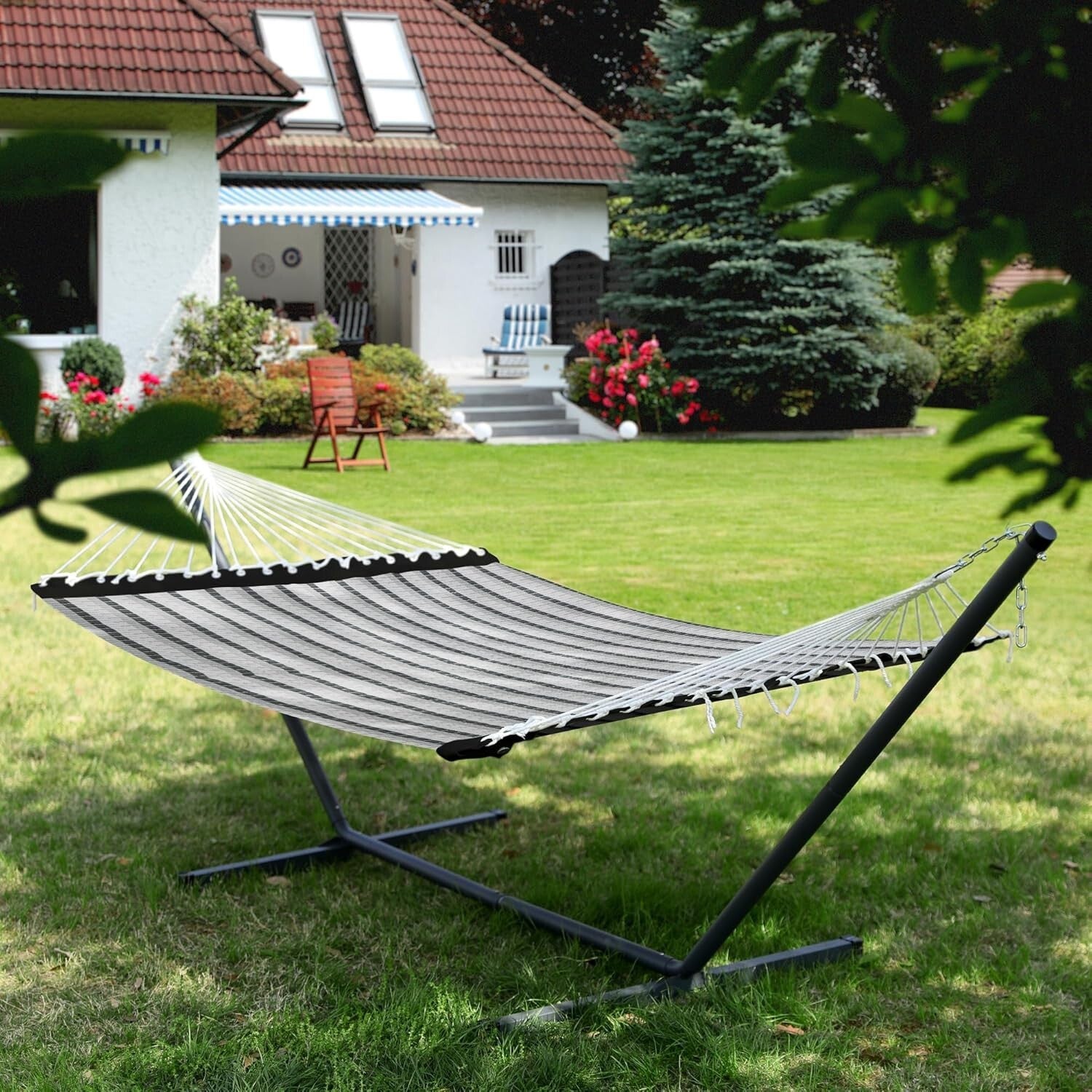 Luxurious Grey Plaid 13 FT Double Hammock - Quick Dry & Heavy Duty Support