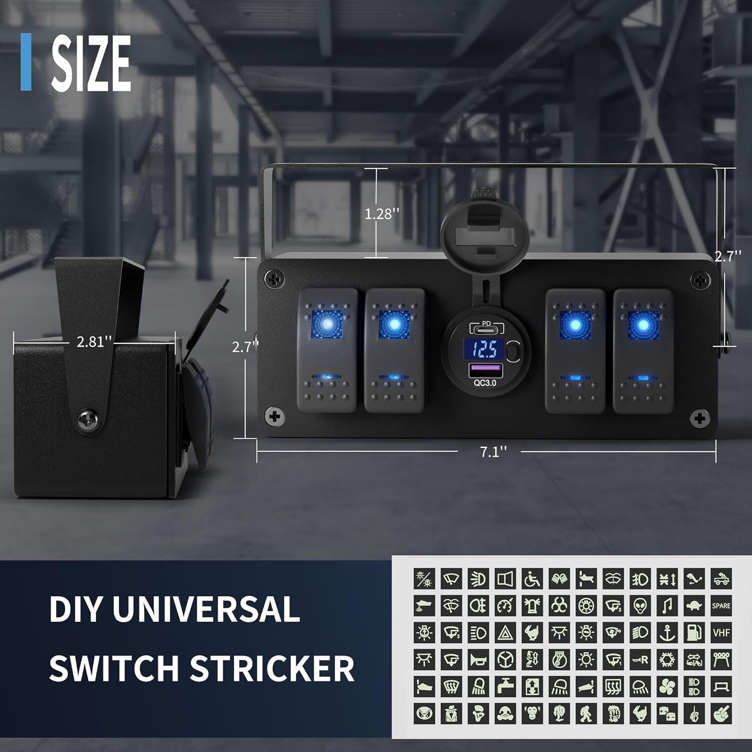 Durable Marine 4 Gang Switch Box with Built-in LED Voltmeter & Adjustable Mount