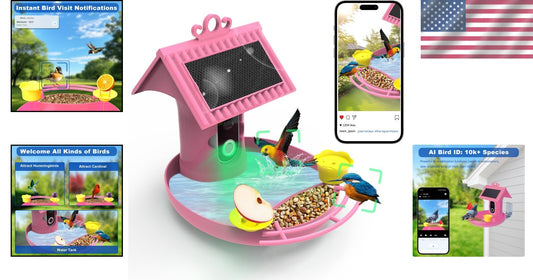 Smart Solar-Powered Bird Feeder with AI Recognition & Built-In Camera – Pink