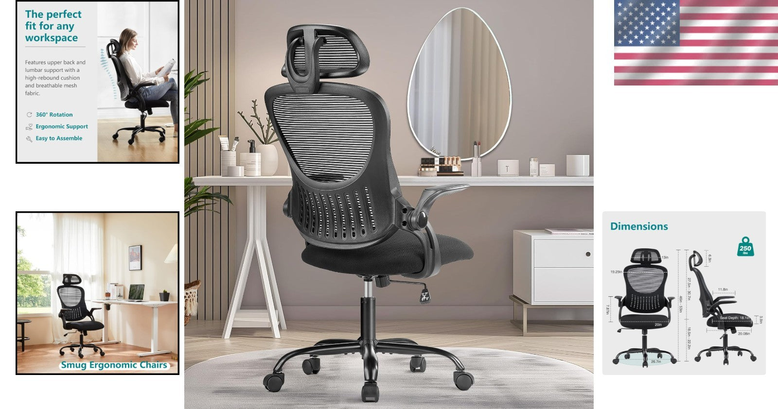 Ergonomic High-Back Office Chair with Lumbar Support and Flip-Up Armrests, Black