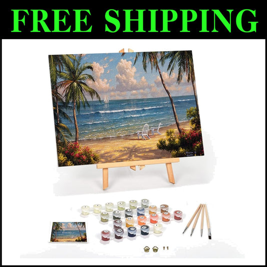 Seaside Paradise 16x20 Paint by Numbers Kit with Framed Canvas & Easel