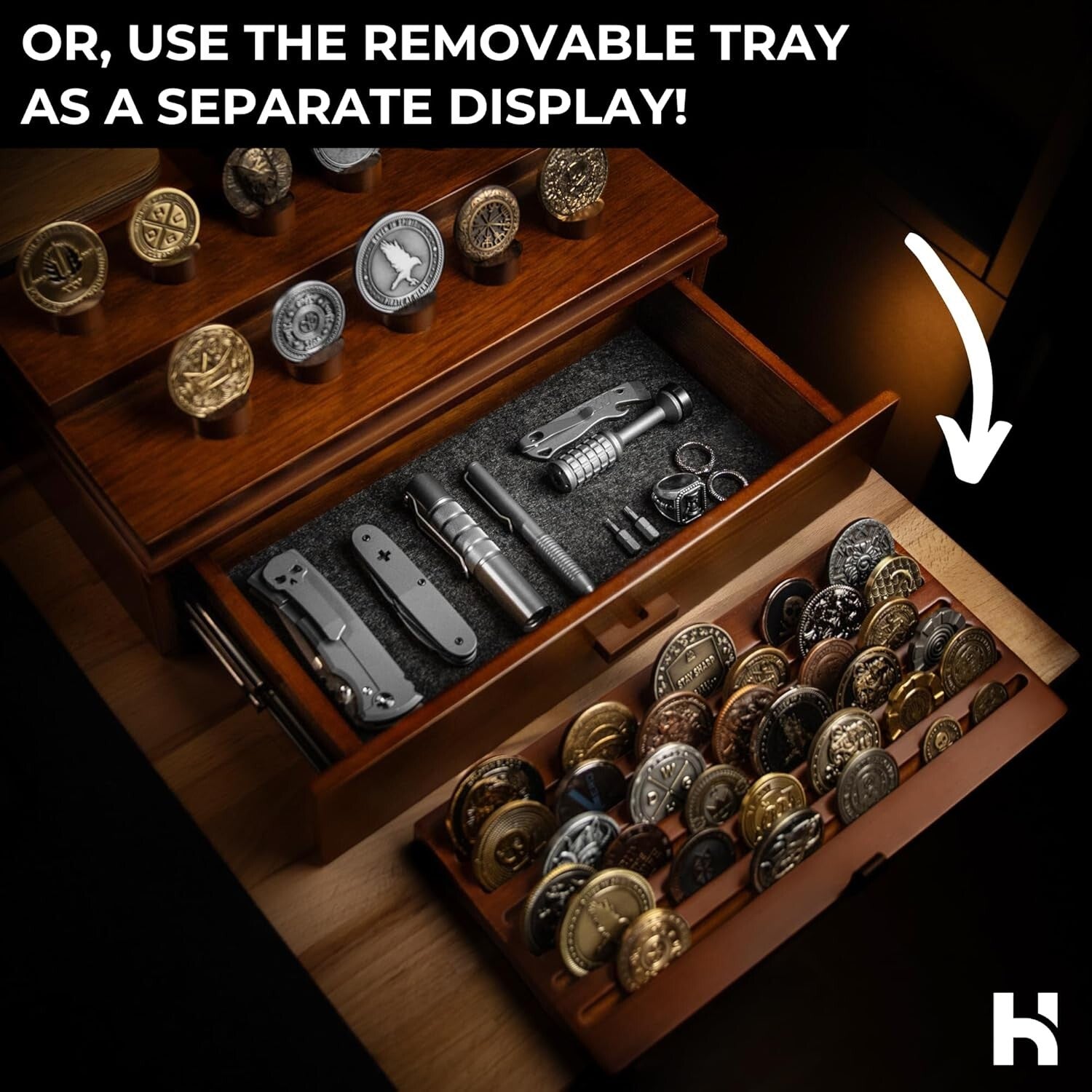 Premium Walnut Coin Display Case for Collectors - Holds 50 Coins with Drawer