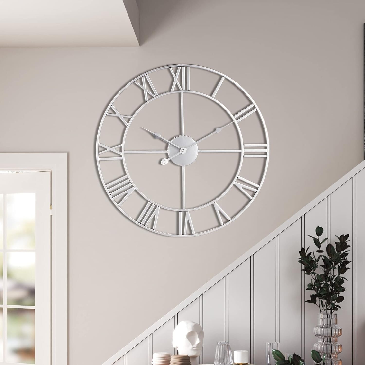 Elegant 18-Inch Retro Roman Numeral Wall Clock - Almost Silent Silver Decor