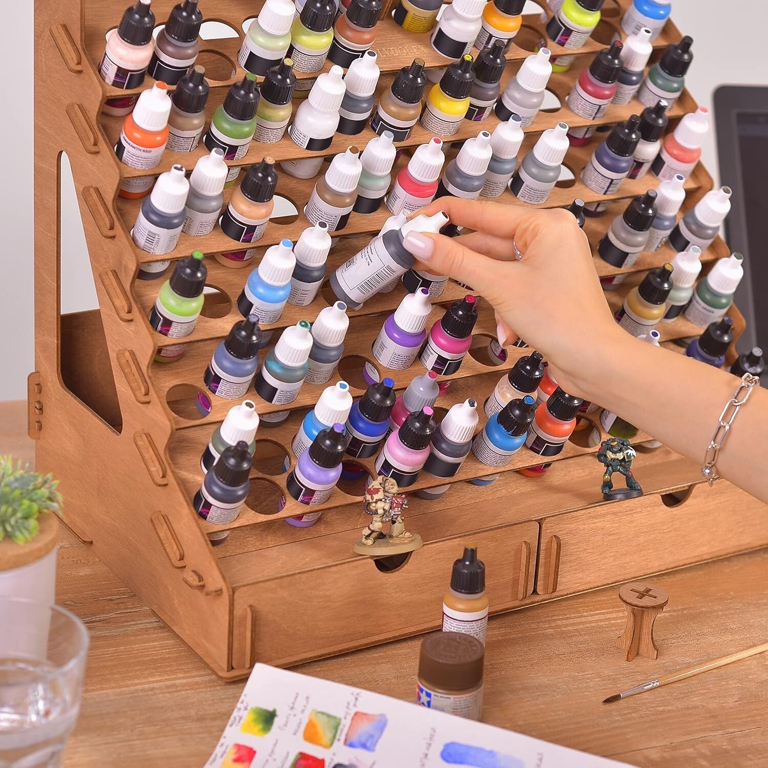 Eco-Friendly Paint Organizer for 105 Bottles & 14 Brushes - Stylish Storage Rack