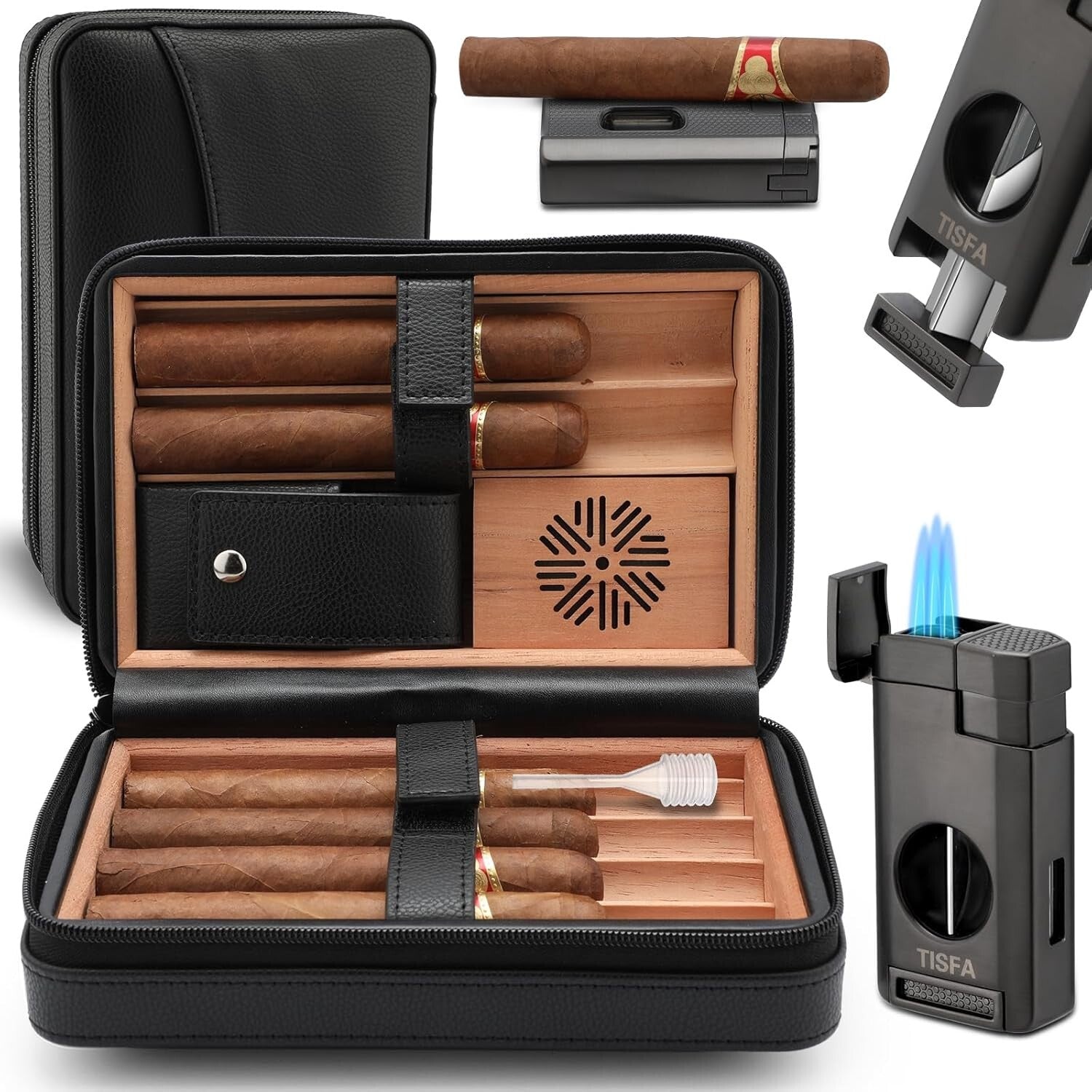 Elegant Leather Cigar Humidor - Portable Cedar Wood Travel Case with Cutter