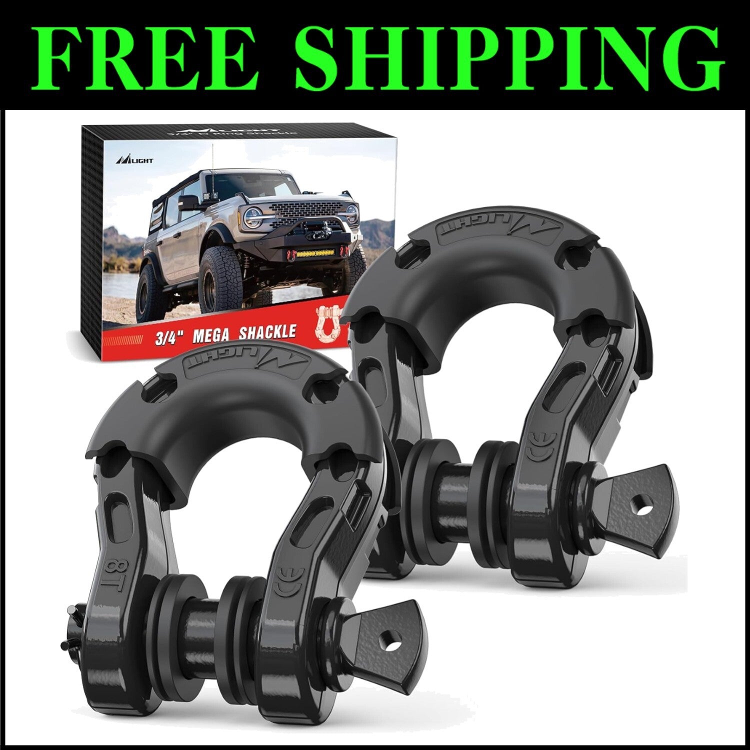 Off-Road Recovery Shackles - 2 Pack Mega D-Ring with Isolator for Safe Towing