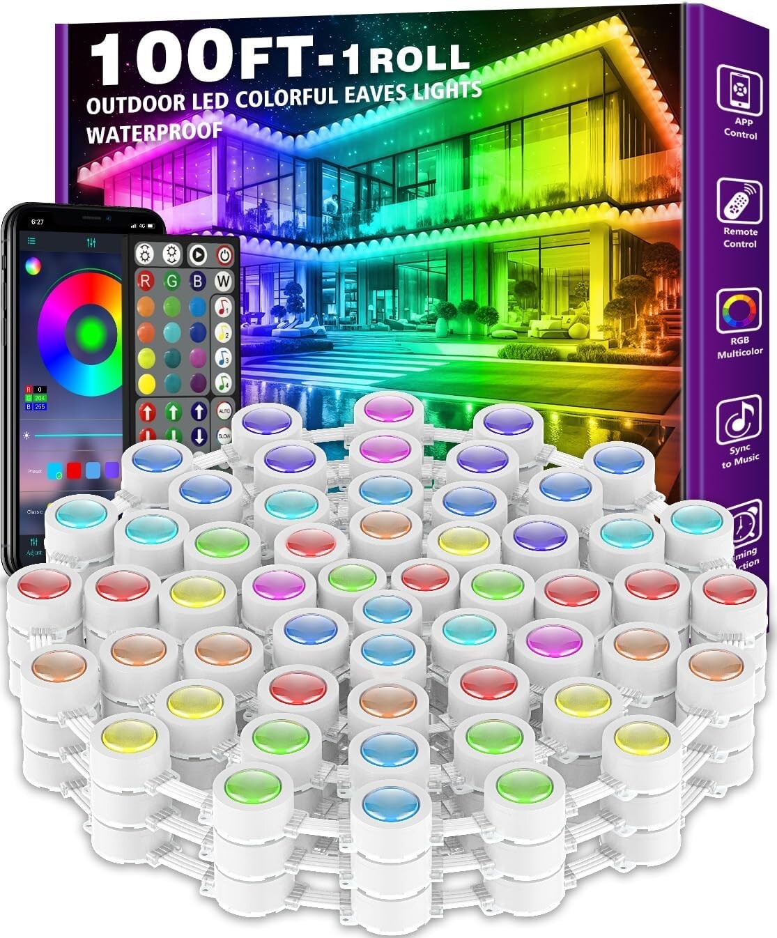 100FT RGB Eaves Lights - Smart App Control with Custom Scenes for Outdoor Decor