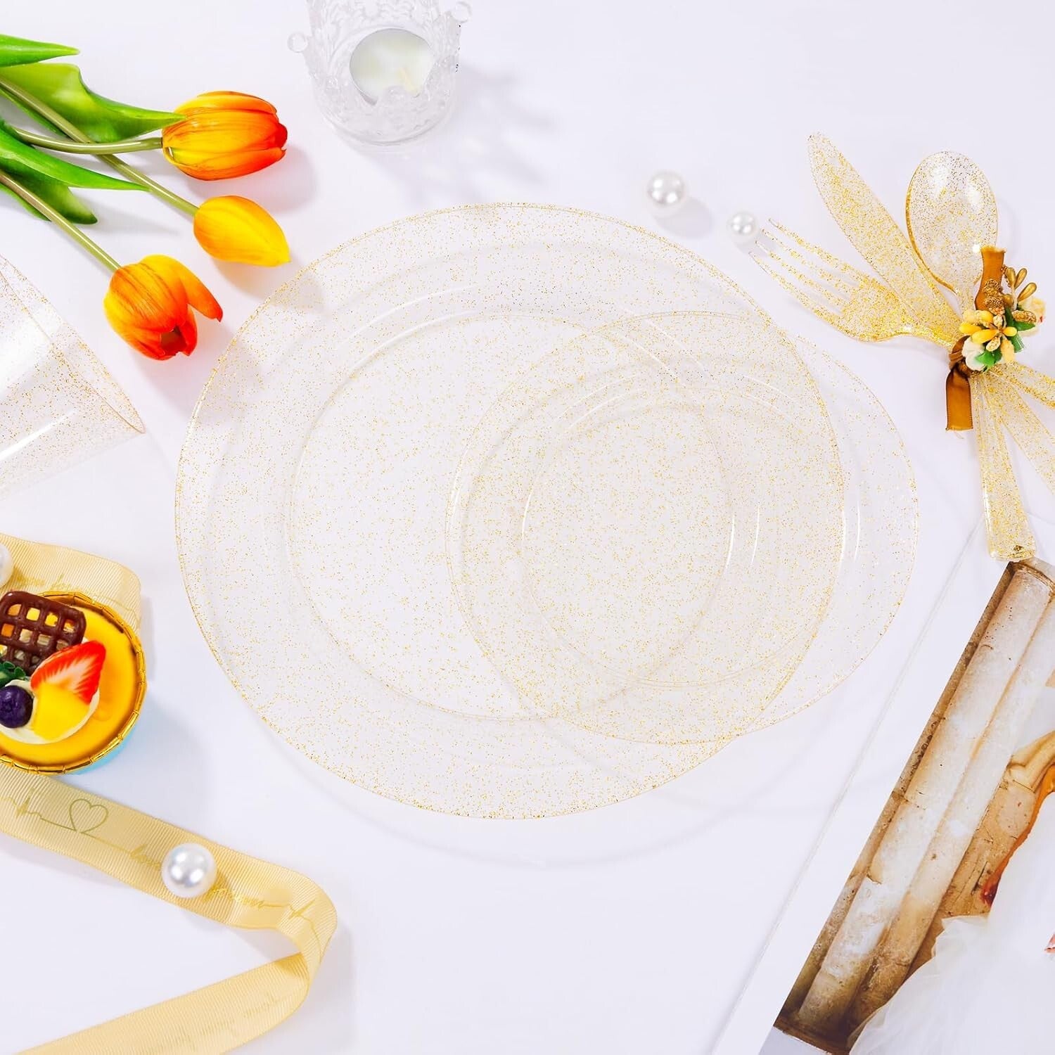 Elegant 700-Piece Disposable Gold Glitter Plates, Cups & Silverware Set