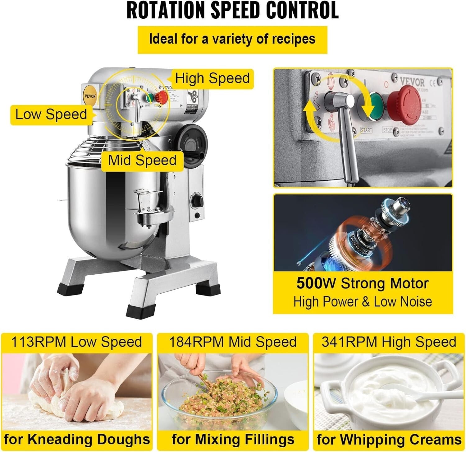 Durable 15Qt Stainless Steel Mixer with 3 Adjustable Speeds & Whip Attachments