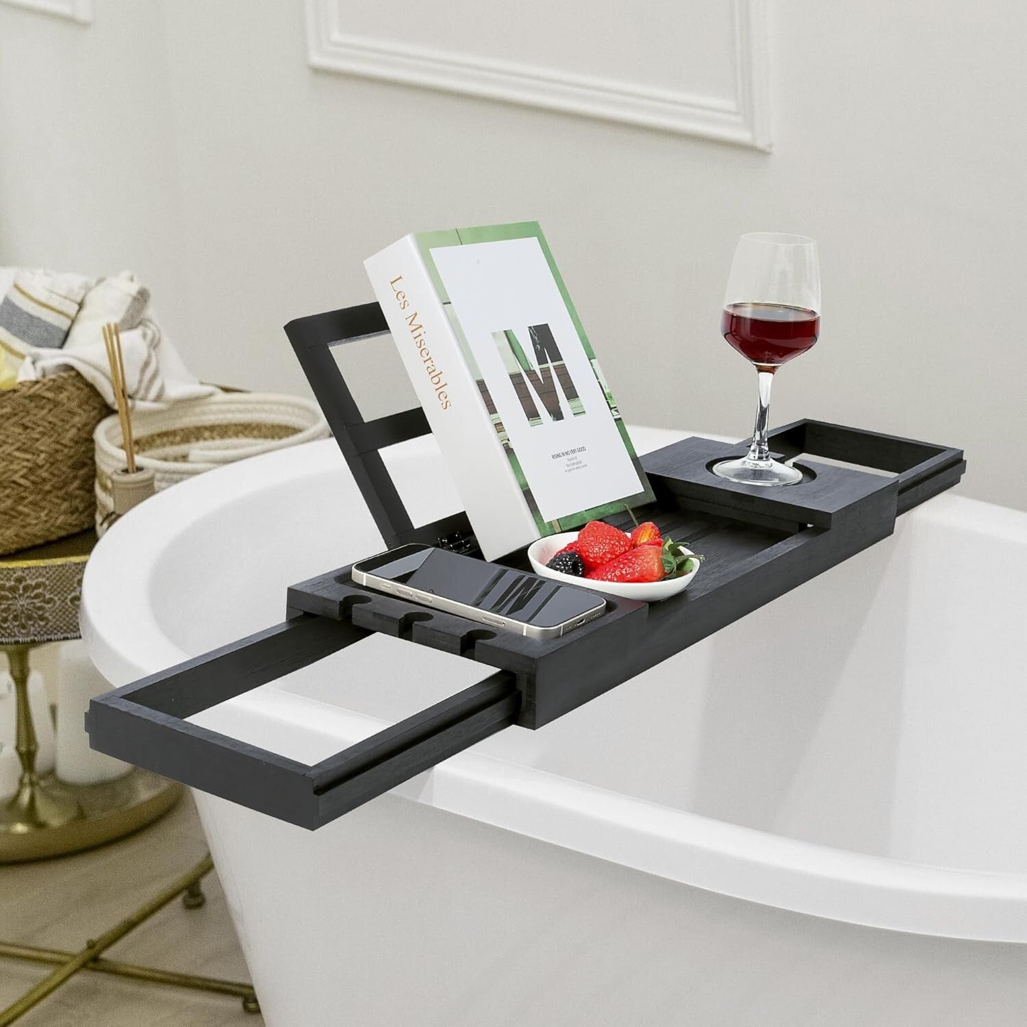 Luxury Bamboo Bath Caddy - Adjustable Tray for Wine Glass, Tablets & Relaxation