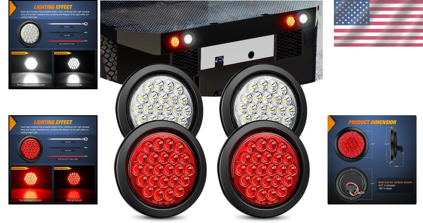 Dual Mode 4-Inch LED Tail & Turn Signal Lights for Trucks & Trailers - Set of 4
