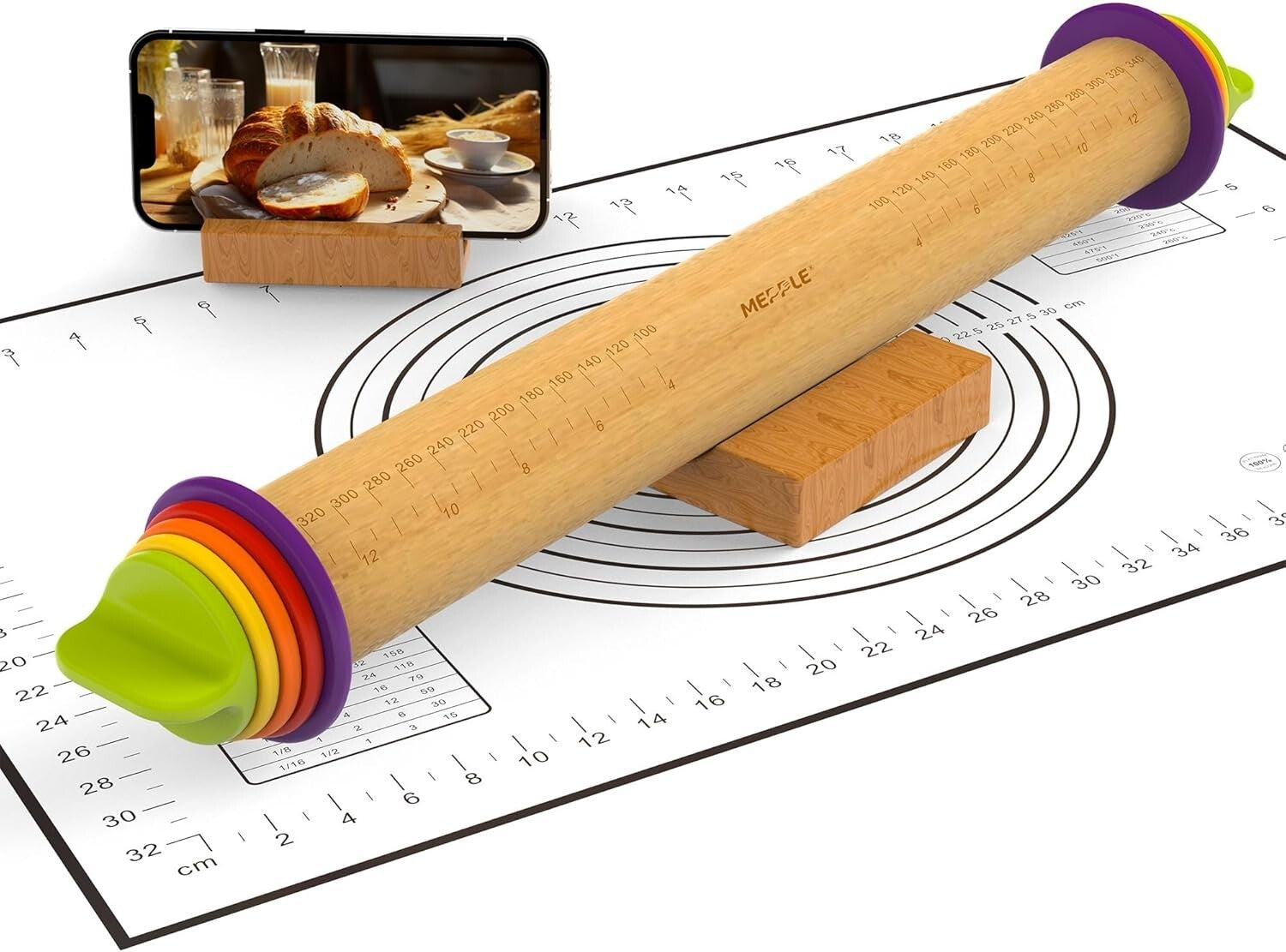 Adjustable Wooden Rolling Pin with Rings & Silicone Pastry Mat for Perfect Dough