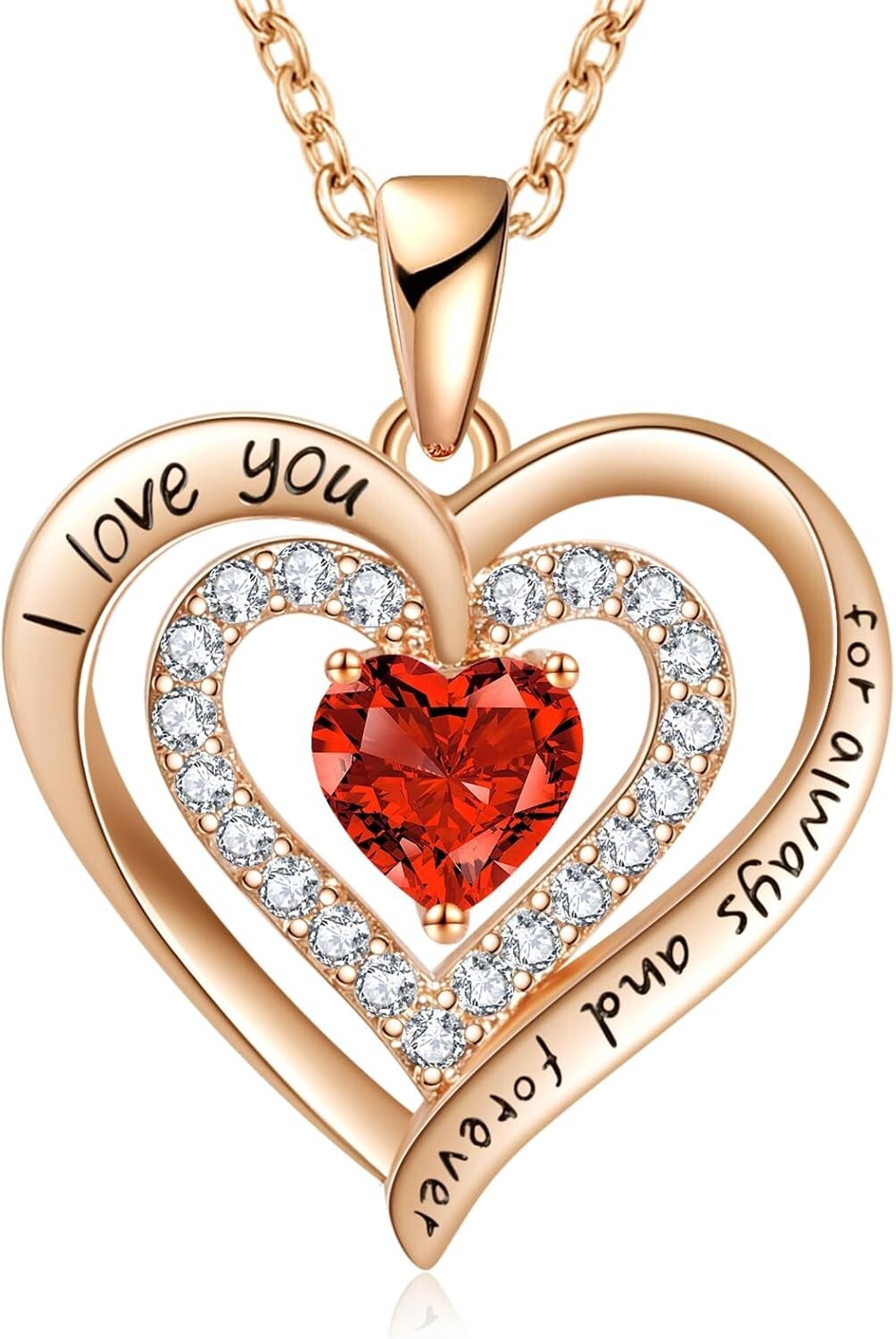 18k Rose Gold Birthstone Heart Necklace with Cubic Zirconia - Women’s Jewelry