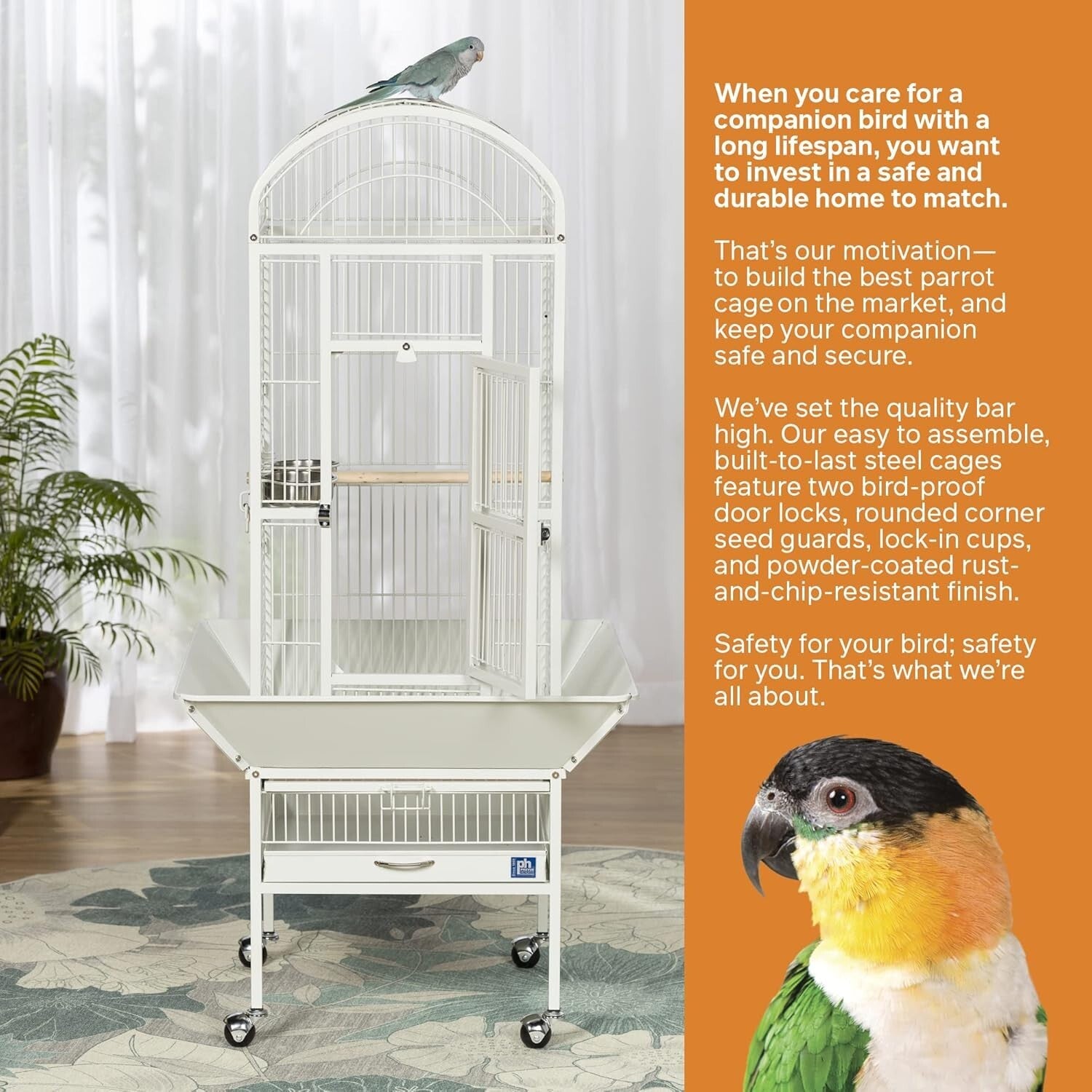 Chalk White Wrought Iron Bird Cage with Rounded Seed Guards and Rolling Stand