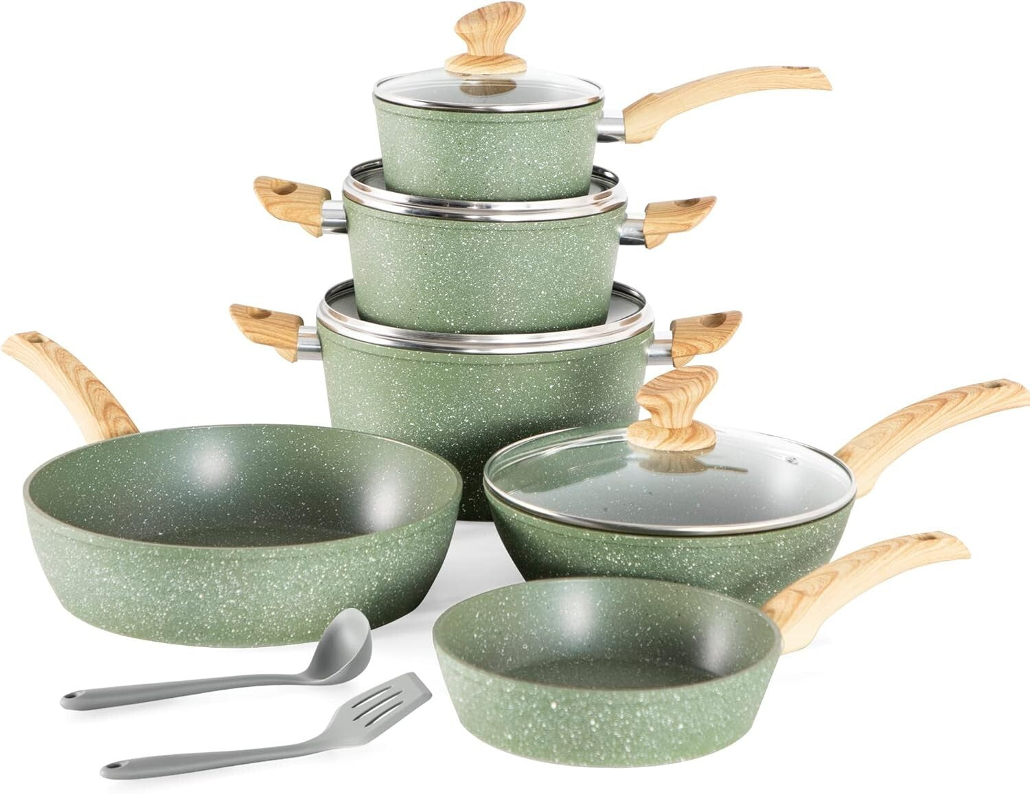 Complete 12-Piece Green Cooking Set - Granite Nonstick Pots & Pans Included