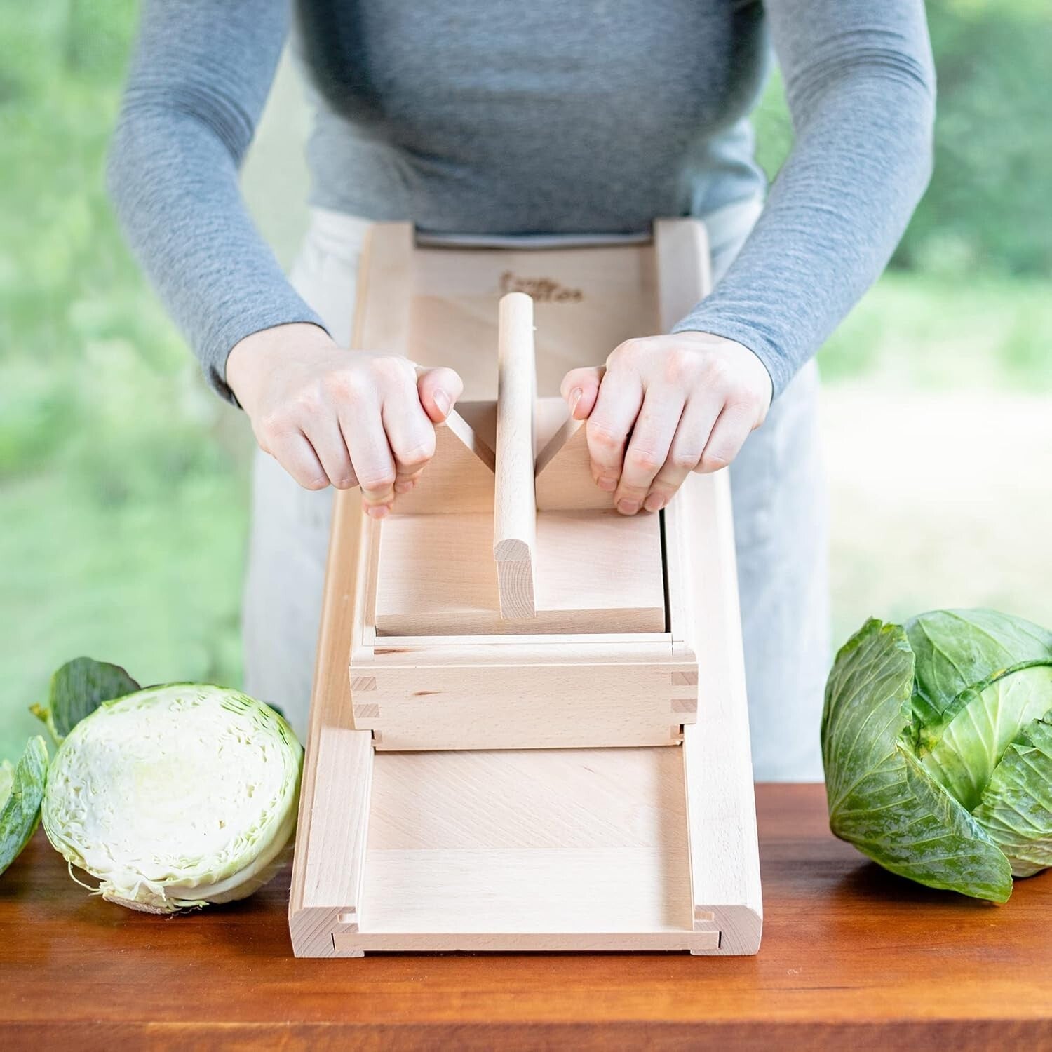Natural Beech Wood Cabbage Shredder with Safety Guard - Perfect for Sauerkraut