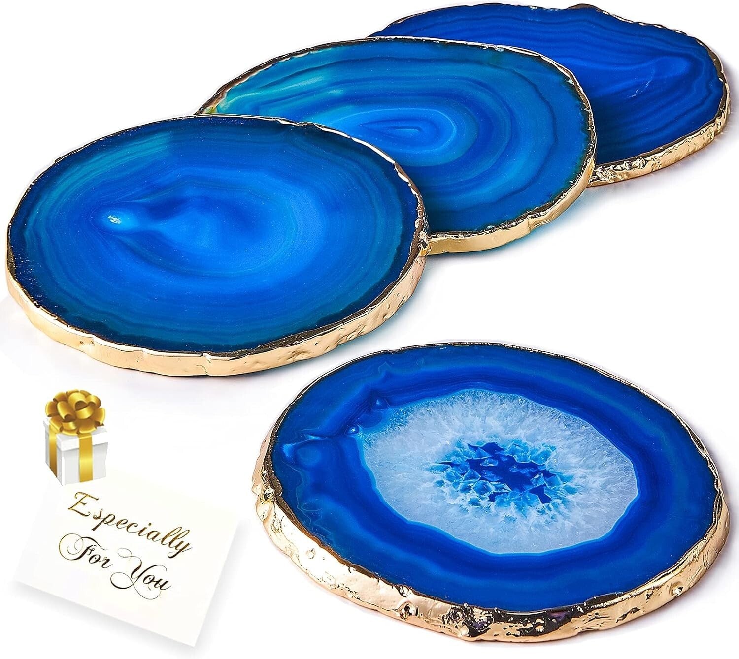 Natural Blue Agate Drink Coasters Set of 4 with Gold Rim - Perfect Gift Choice