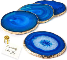 Load image into Gallery viewer, Natural Blue Agate Drink Coasters Set of 4 with Gold Rim - Perfect Gift Choice