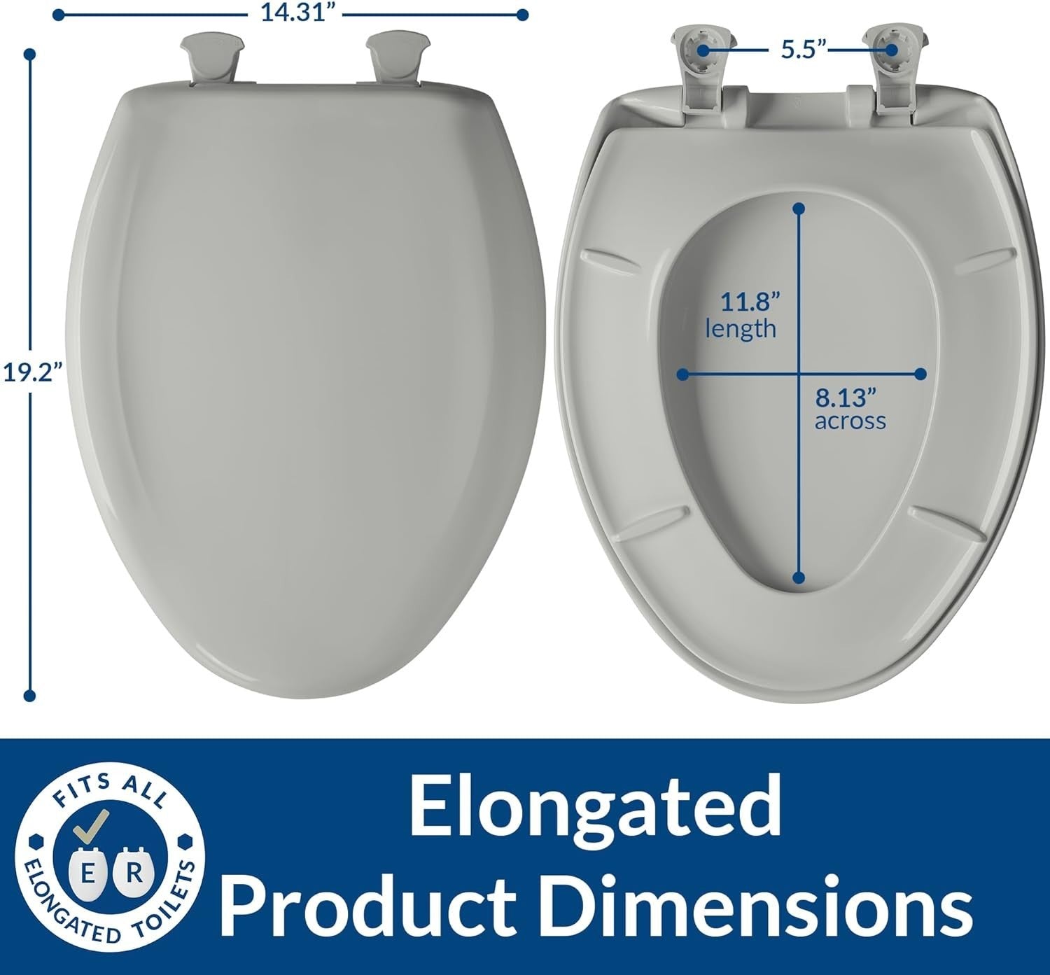 Classic Ice Grey Plastic Toilet Seat with Easy Install and Slow Close Features