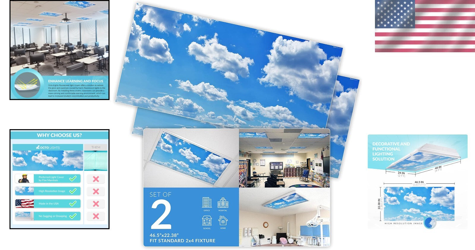 Fluorescent Light Covers - Eliminate Eye Strain in Classrooms & Offices (2pk)