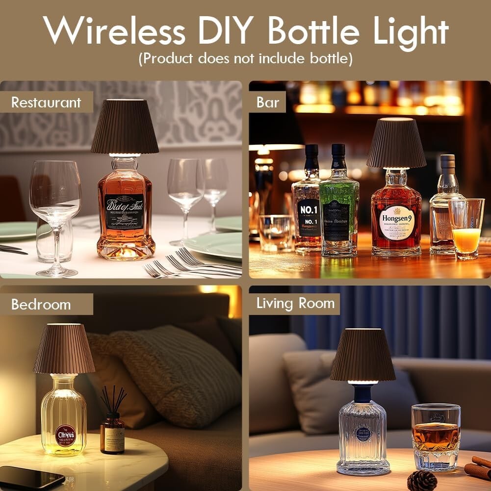2 Pack Wireless Bottle Lamps - Cordless Rechargeable Table Decor with 3 Brigh...