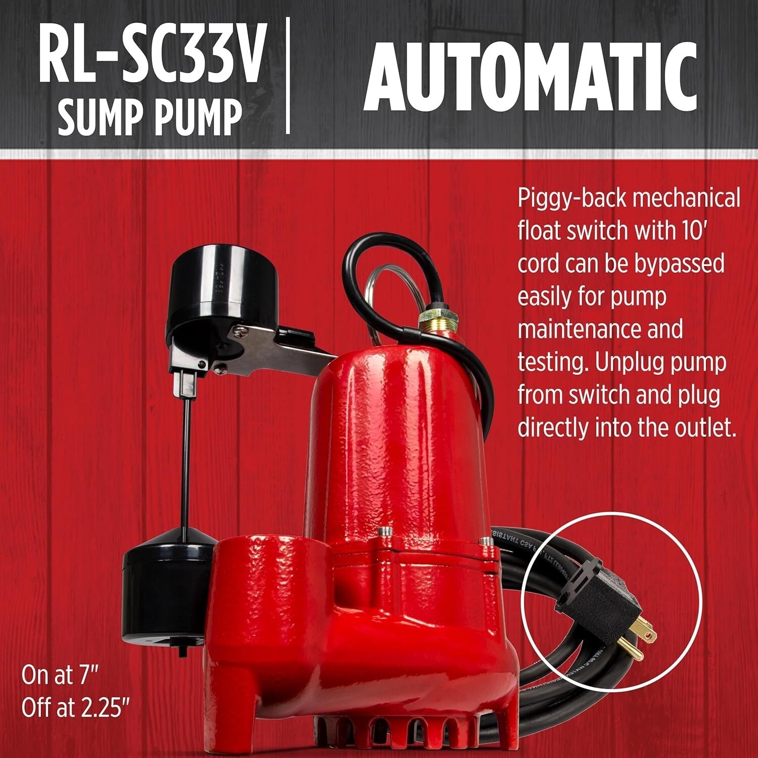 Automatic Red Sump Pump - 1/3 HP, 25-Ft Lift with 10-Ft Cord for Flood Control