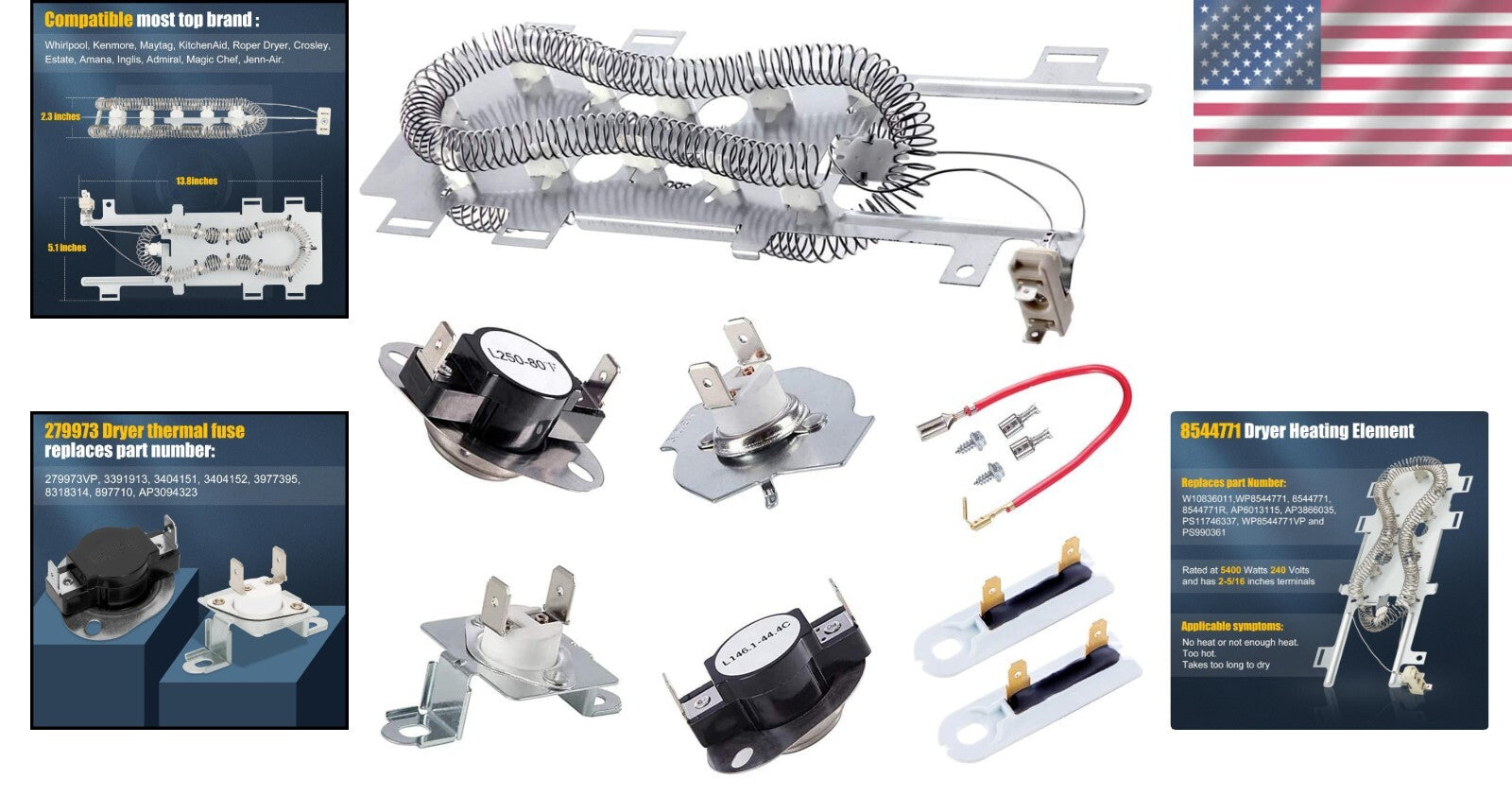 8544771 Dryer Heating Element & Thermal Fuse Kit - Compatible with Major Brands