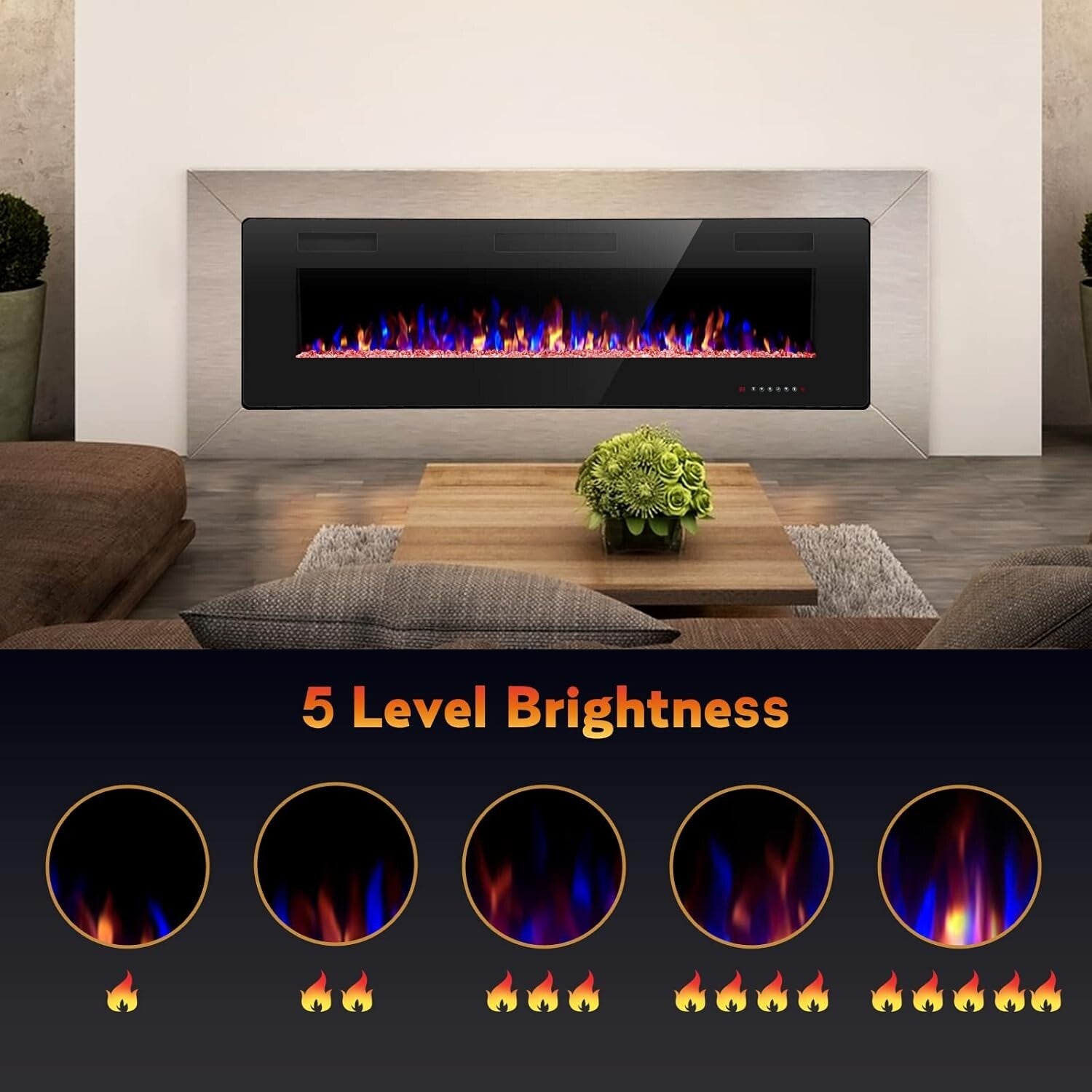 Energy Efficient 60" Electric Fireplace - Wall Mount with Adjustable Brightness