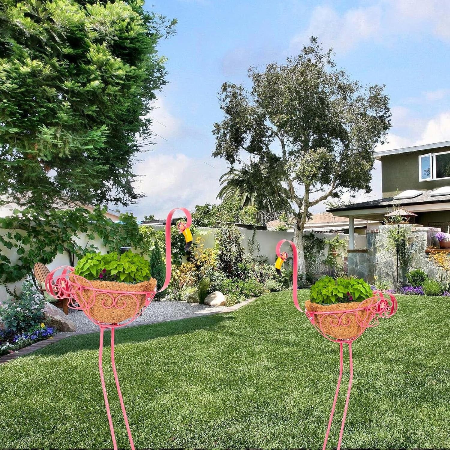 Adorable Pink Flamingo Planters - Set of 2 with Easy Assembly & Coconut Baskets
