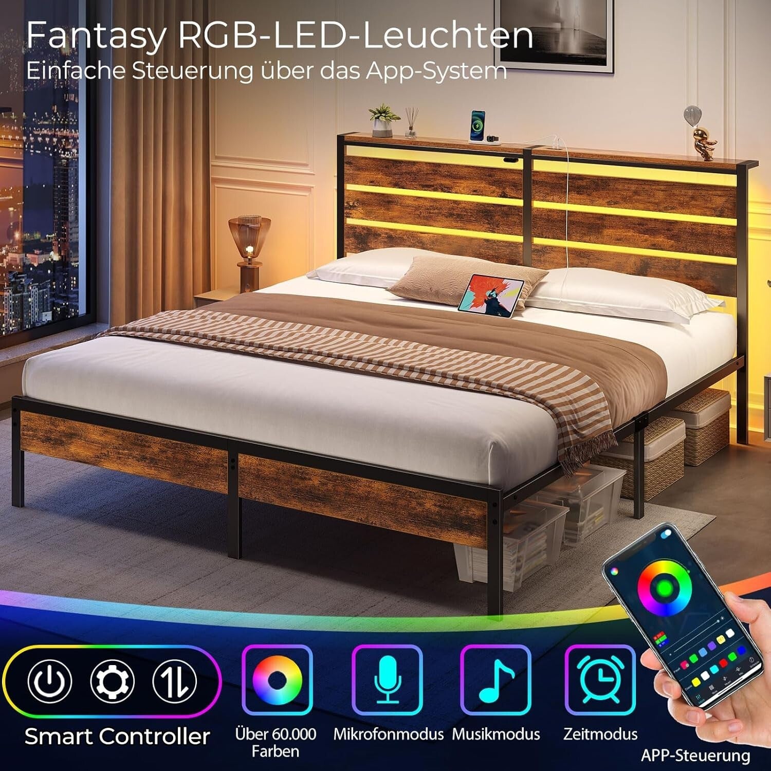 Multi-Functional King Bed Frame with USB Ports, LED Lights & Storage Solutions