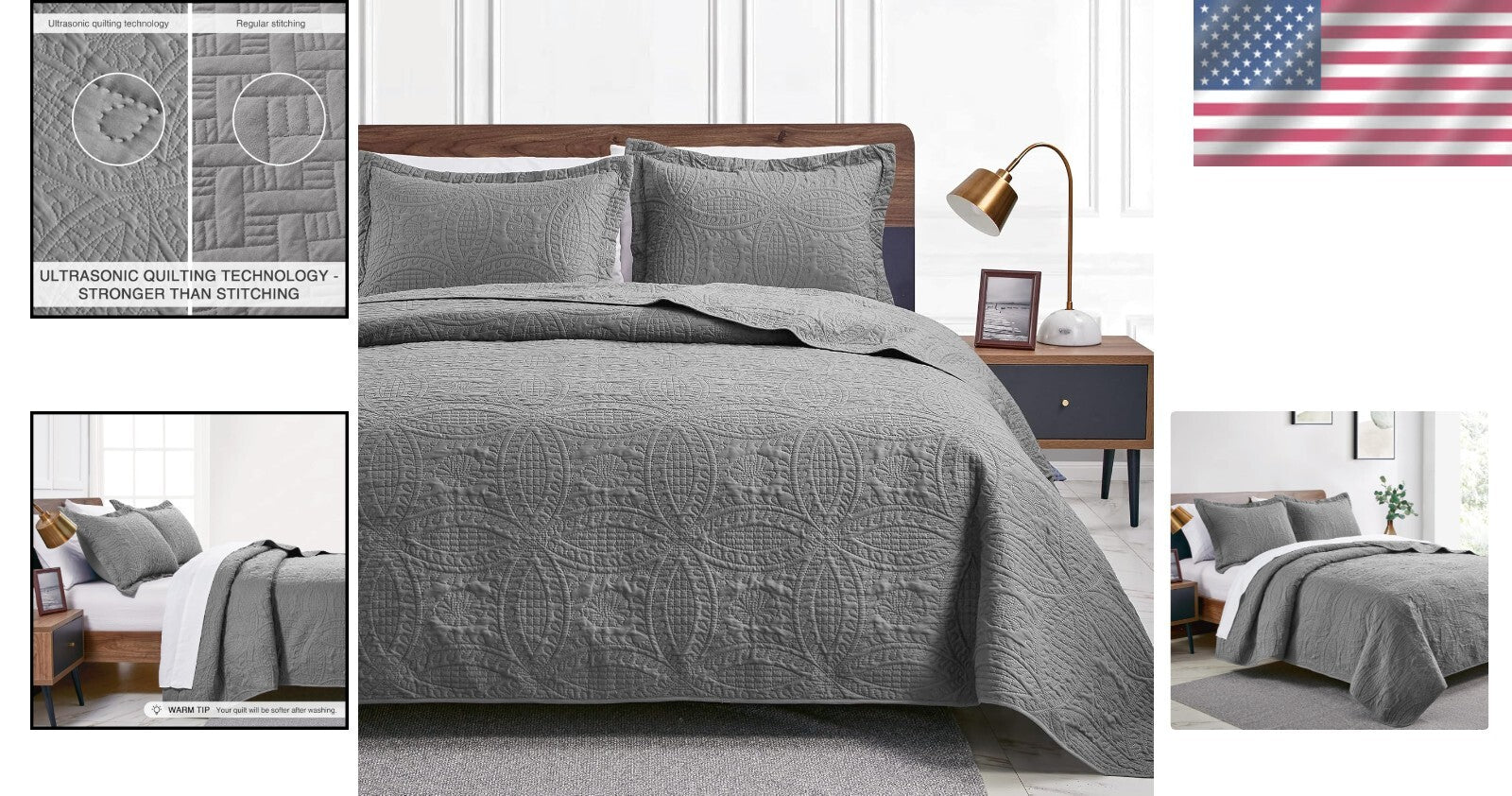 King Size Modern Quilt Set in Grey Coin Pattern - Lightweight 3-Piece Set