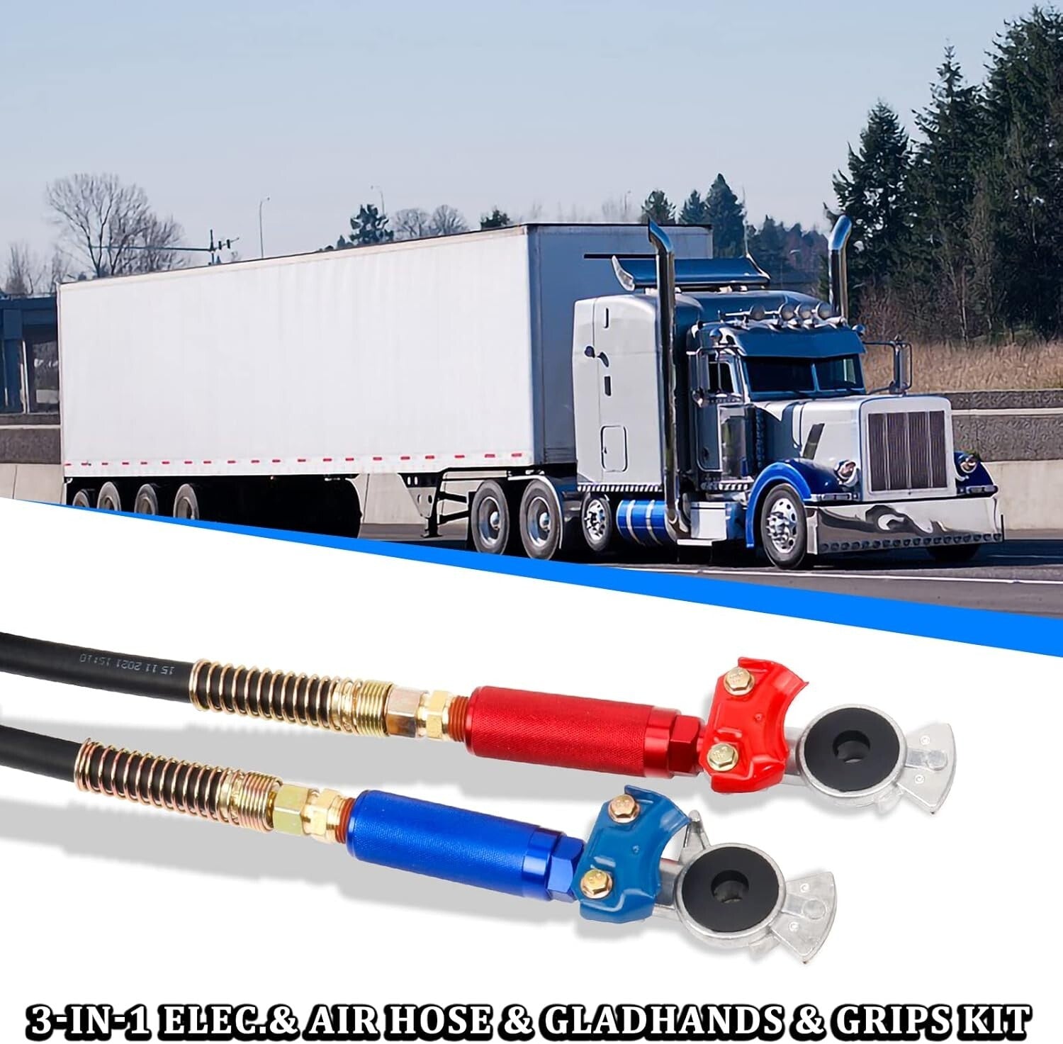 15ft 3-in-1 Air Line Hose with Glad Hands for Tractor Trailers - 125PSI