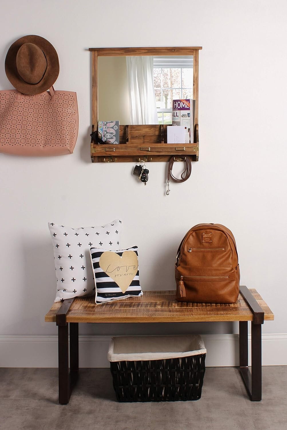 Multi-Functional Rustic Wall Organizer: Mirror, Hooks & Cubbies - 24" Square