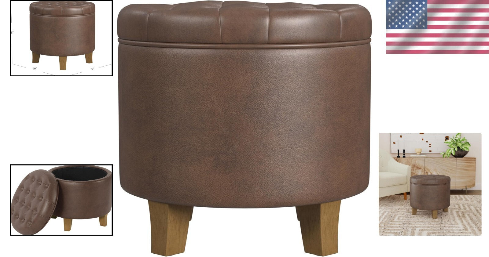 Elegant 19" Round Faux Leather Ottoman with Storage - Perfect for Living Rooms